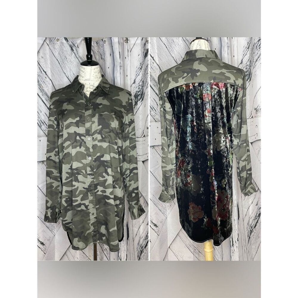 Tribal Velvet & Camouflage Shirt High Low Tunic Small